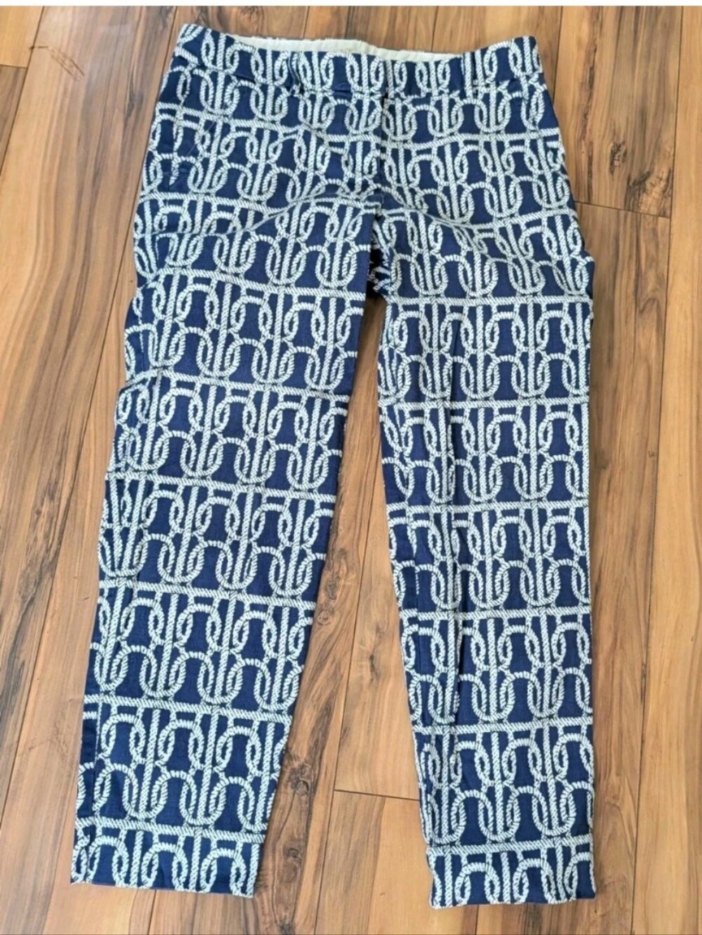 J.Crew Stretch Women's  Capri Pants Navy Blue White Nautical Rope Print Sz 2